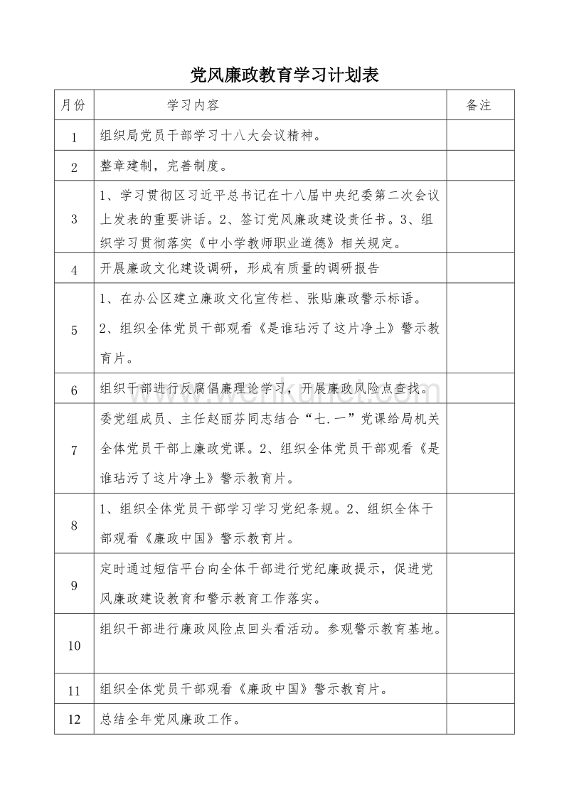 党风廉政教育学习计划表.doc_第1页