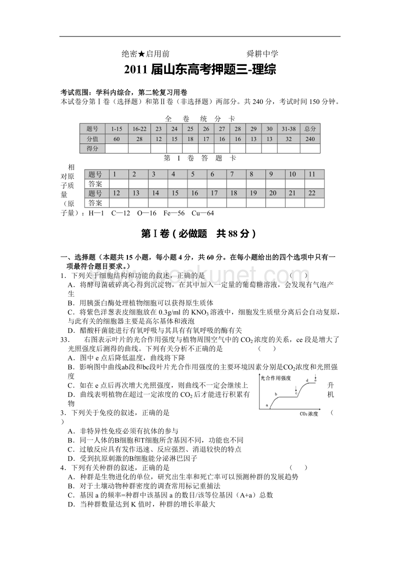 2011届山东省高考押题理综试题03（2011.05）.doc_第1页