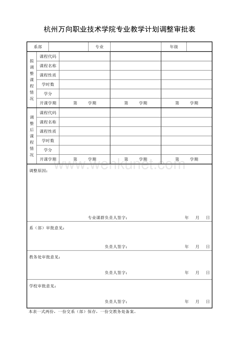 杭州万向职业技术学院专业教学计划调整审批表 .doc_第1页