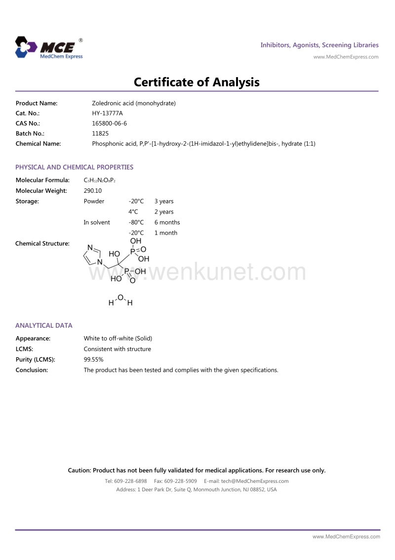 Zoledronic-acid-monohydrate-COA-11825-MedChemExpress.pdf_第1页