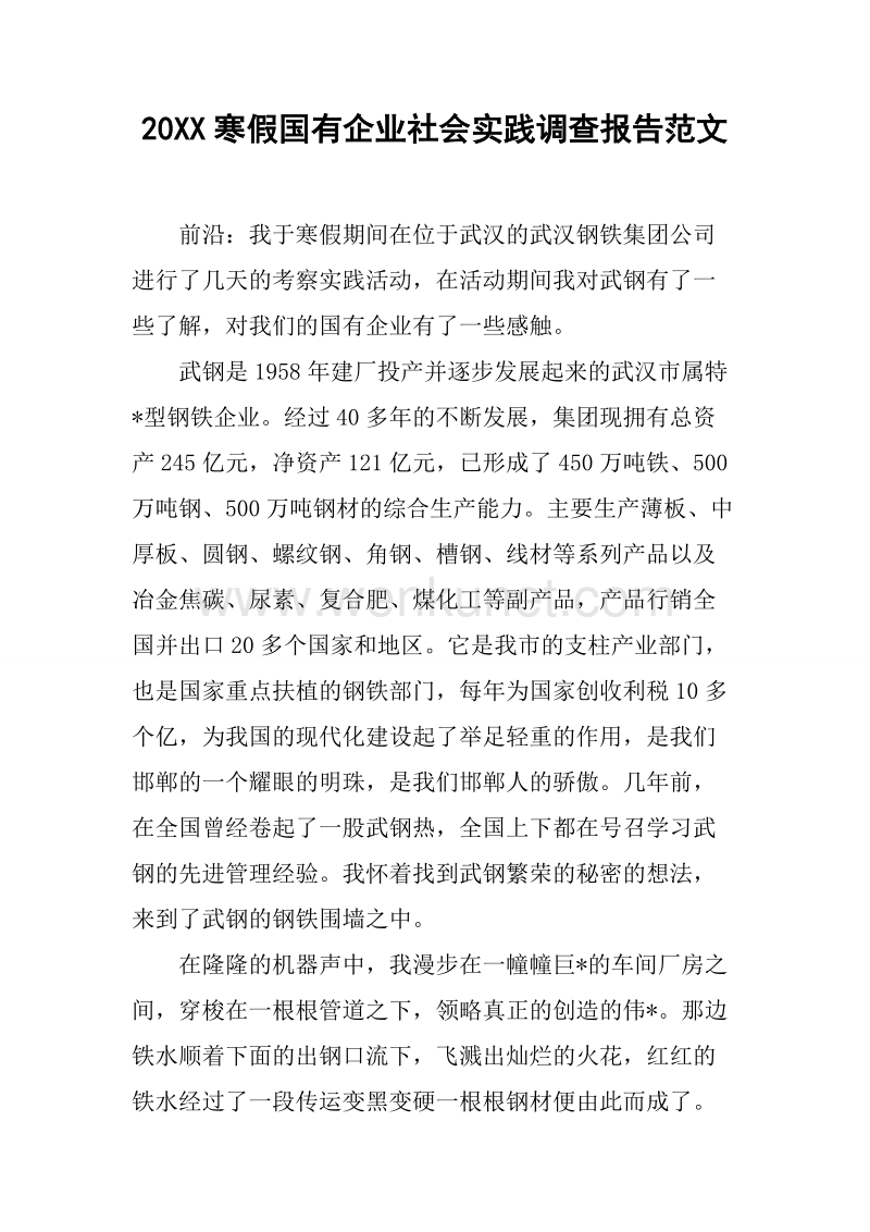 20XX寒假国有企业社会实践调查报告范文.docx_第1页