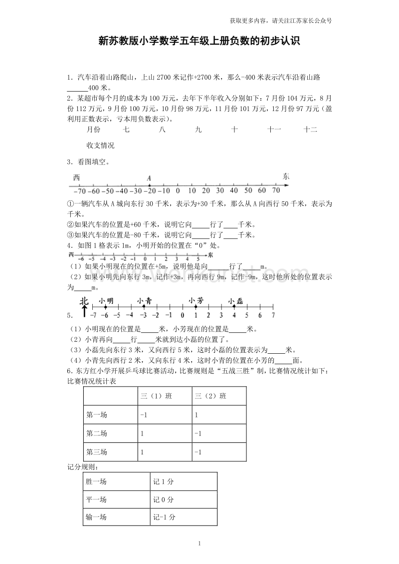 苏教版五年级上数学一课一练-1负数的初步认识.pdf_第1页