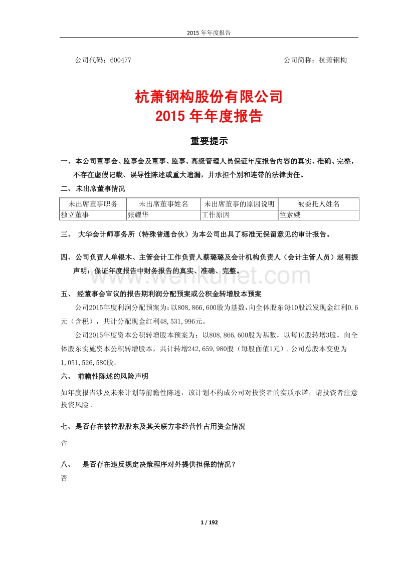 2015-600477-杭萧钢构：2015年年度报告.PDF_第1页