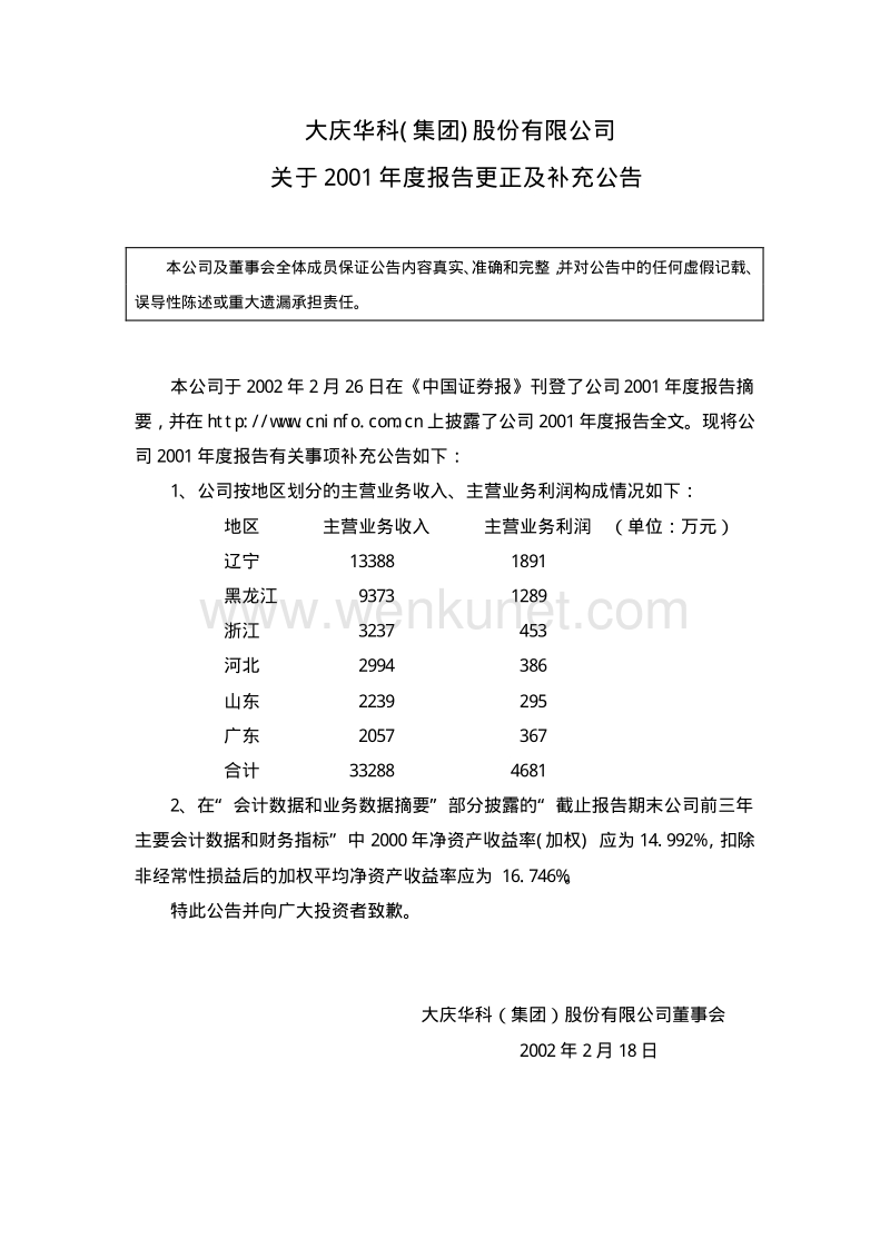 2001-000985-大庆华科：2001年度报告更正及补充公告.PDF_第1页