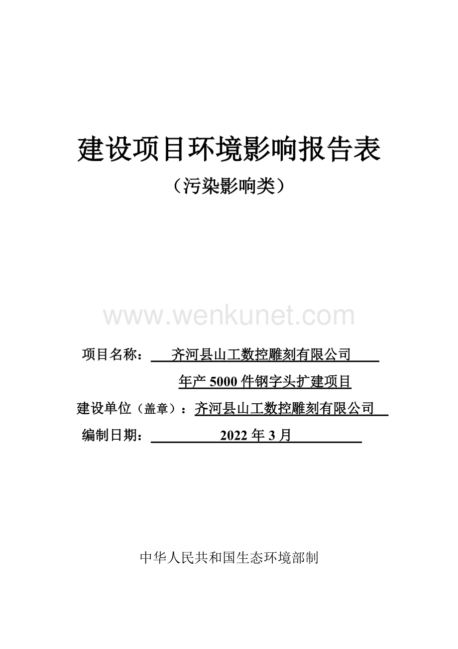 齐河县山工数控雕刻有限公司年产5000件钢字头扩建项目报告书.doc_第1页