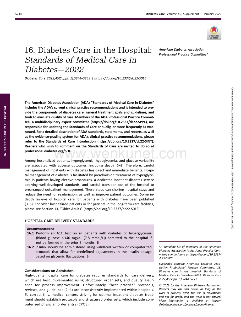 ADA医院的糖尿病护理：糖尿病的医疗护理标准(2022年).pdf_第1页