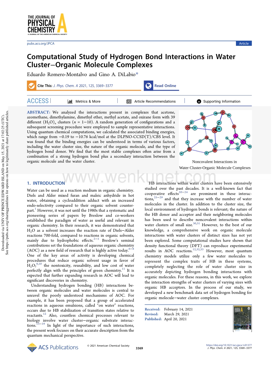 Computational Study of Hydrogen Bond Interactions in Water Cluster–Organic Molecule Complexes.pdf_第1页