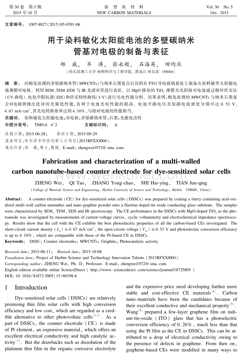 用于染料敏化太阳能电池的多壁碳纳米管基对电极的制备与表征.pdf_第1页