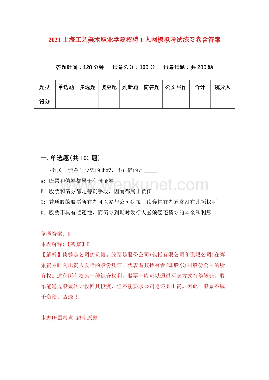 2021上海工艺美术职业学院招聘1人网模拟考试练习卷含答案（第9次）.docx_第1页