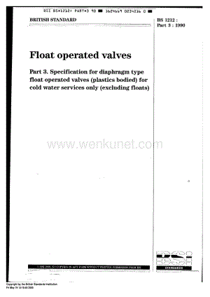 【阀门标准】BS 1212-3-1990 Float operated valves. part 3 Specification for diaphragm type float operated valves (plastics bodied) for coldwater services only.pdf