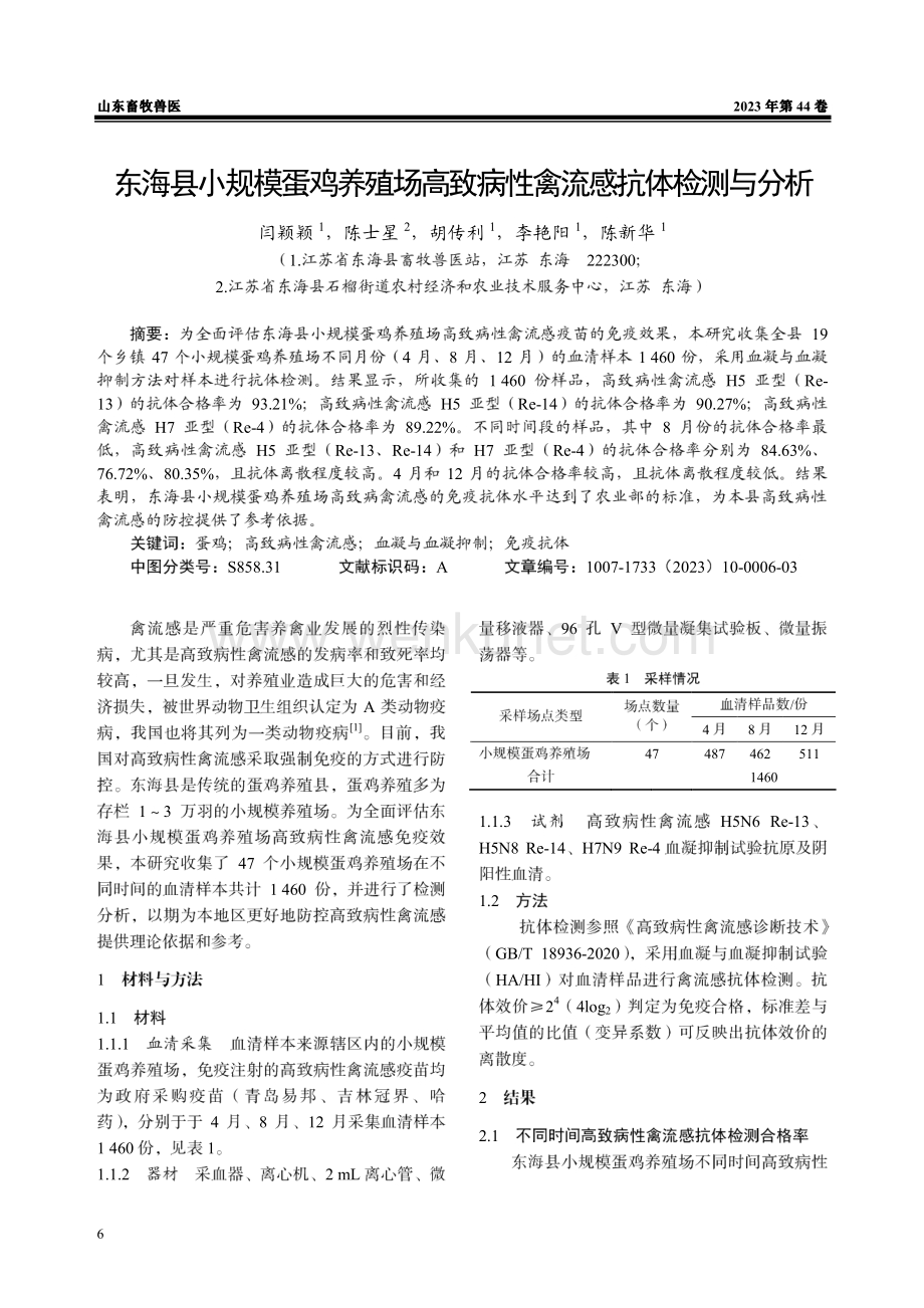 东海县小规模蛋鸡养殖场高致病性禽流感抗体检测与分析.pdf_第1页