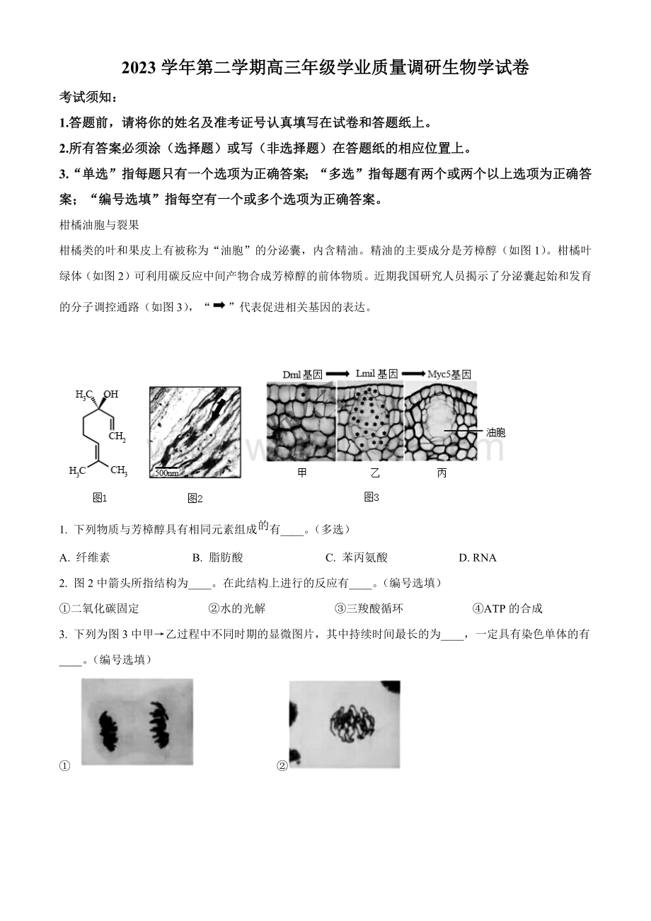 上海市青浦区2024届高三下学期二模试题 生物 Word版含解析.docx_第1页