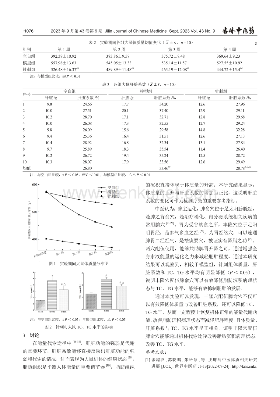 丰隆穴配伍脾俞穴对肥胖模型大鼠体质量、肝脏系数和TC、TG的影响.pdf_第3页