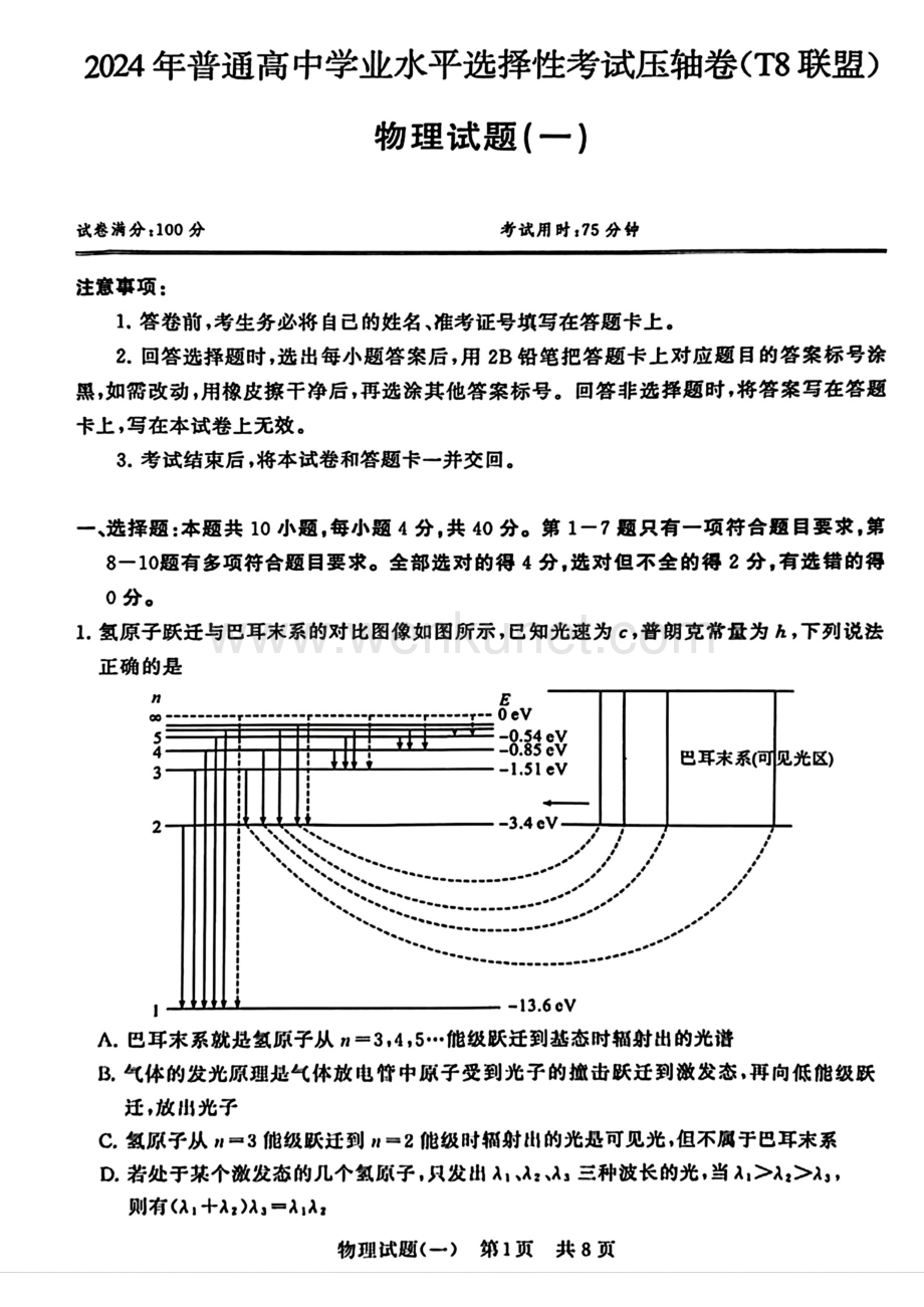 湖北省T8联盟2024届高三下学期压轴考试（一模）物理 PDF版含解析.pdf_第1页